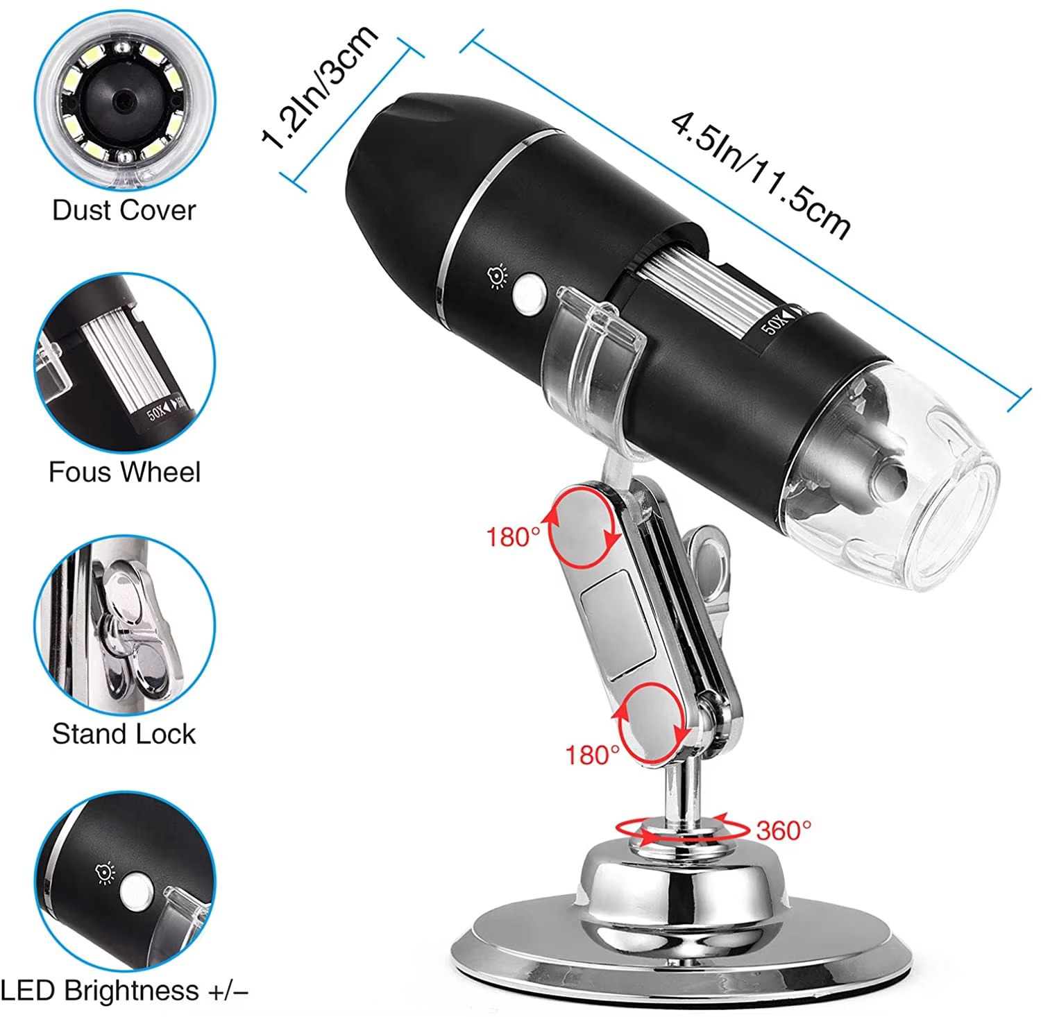 RIEVBCAU Microscope numérique USB 500X 1000X 1600X Microscope électronique professionnel avec 8 LED 
