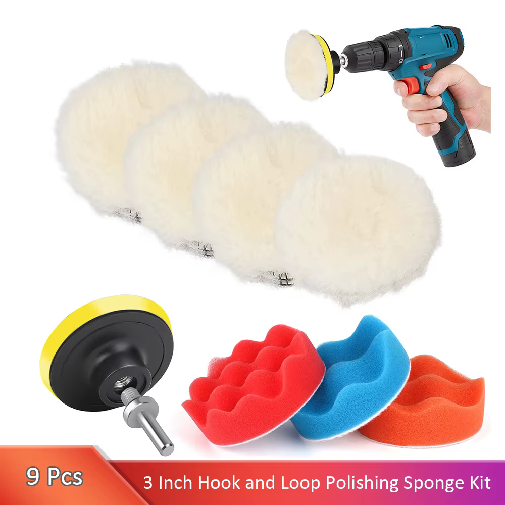 Kit de tampons de polissage pour perceuse, 9 pièces, tampons de polissage en laine de 3 pouces, épon