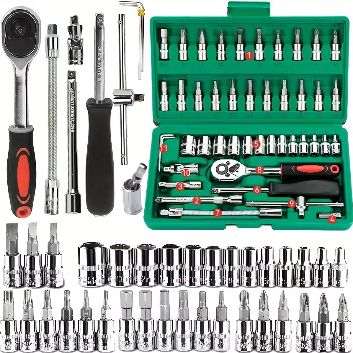 Kit d'outils mécaniques Family Tools 46 pièces 1/4 pour réparation automobile, avec douilles, embout