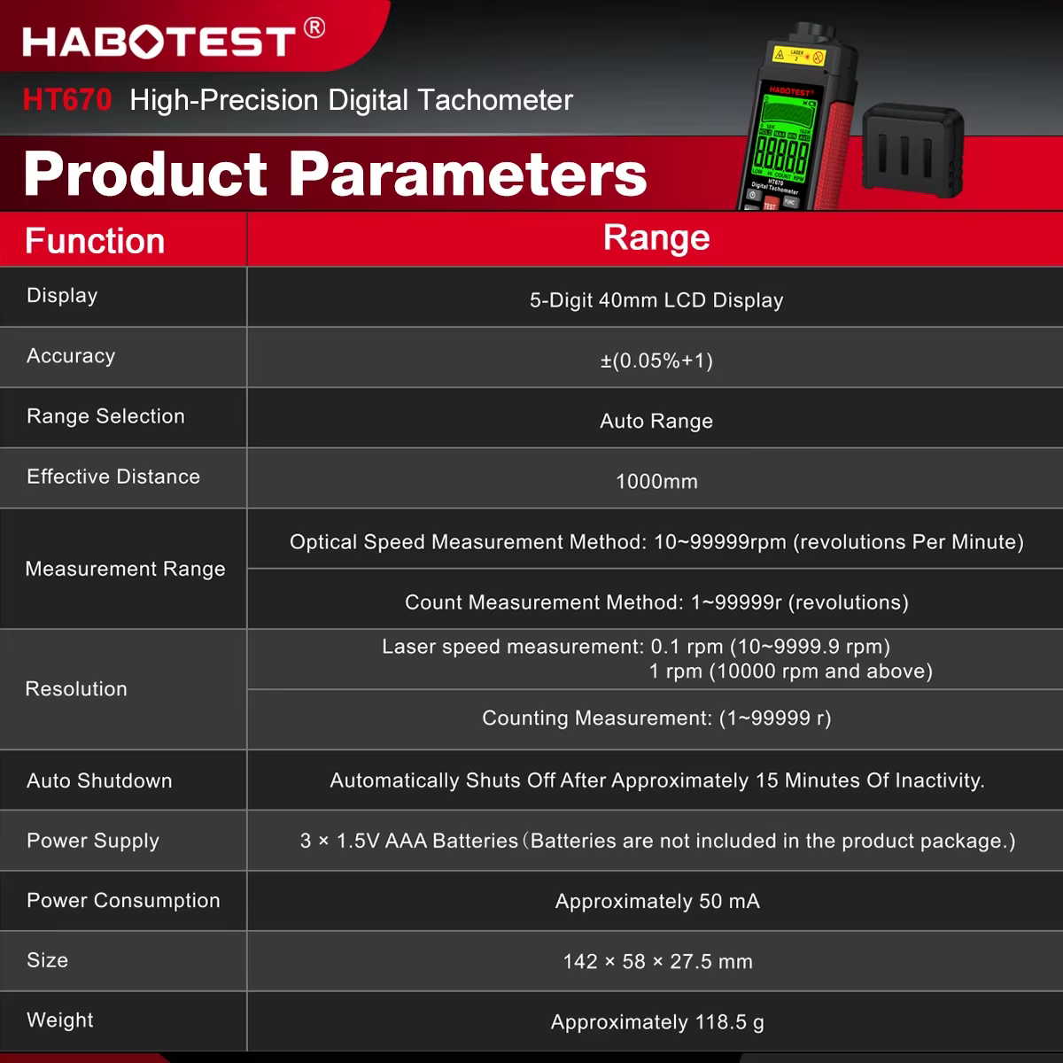 HABOTEST HT670 tachymètre Laser numérique compteur de tr/min sans Contact 2.5-99999 tr/min avec rétr