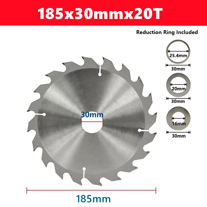 Lame de scie circulaire TCT pour le travail du bois de 185 mm avec un diamètre de 30 mm et un nombre