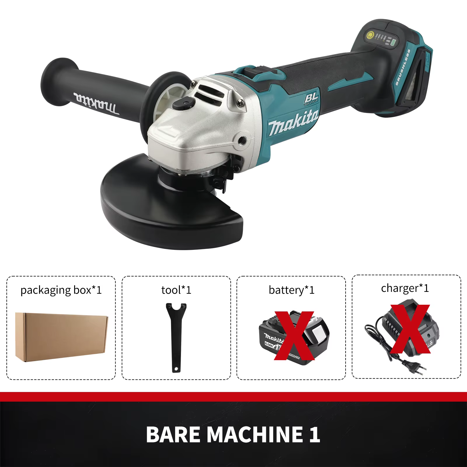 Meuleuse sans fil Makita DGA506 avec poignée latérale et protection, échange rapide de disques pour 