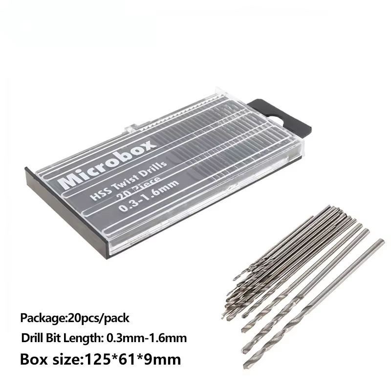 20 pièces/ensemble 0.3mm-1.6mm Mini jeu de forets hélicoïdaux en acier rapide ensemble de forets Mic