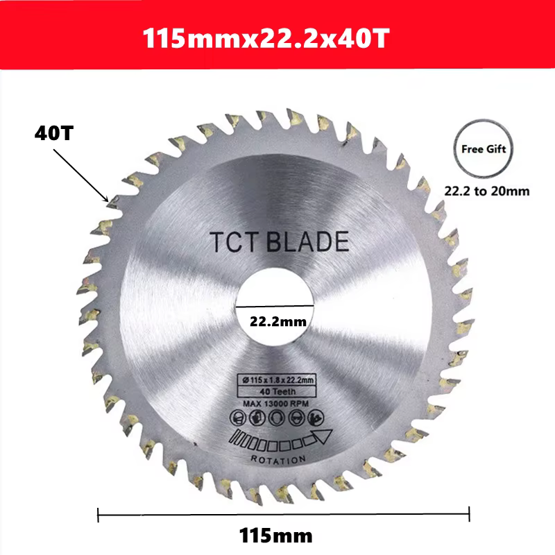 Lame de scie circulaire pour le travail du bois, 115mm, avec un diamètre de 22.2mm et 40 dents, 1 pi