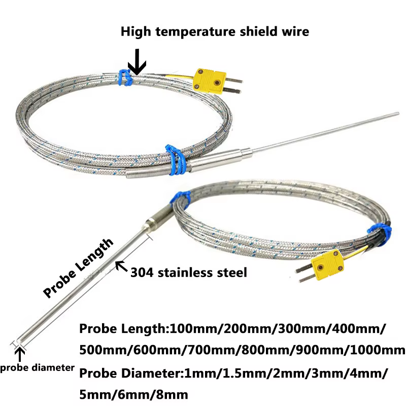 Fil de capteur pliable de Type K, Thermocouple blindé, 1mm//2mm/3mm-8mm de diamètre 100/200/300mm WR