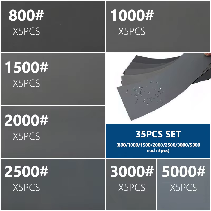 Lot de 35 feuilles de papier abrasif humide et sec, grains 800/1000/1500/2000/2500/3000/5000, pour l
