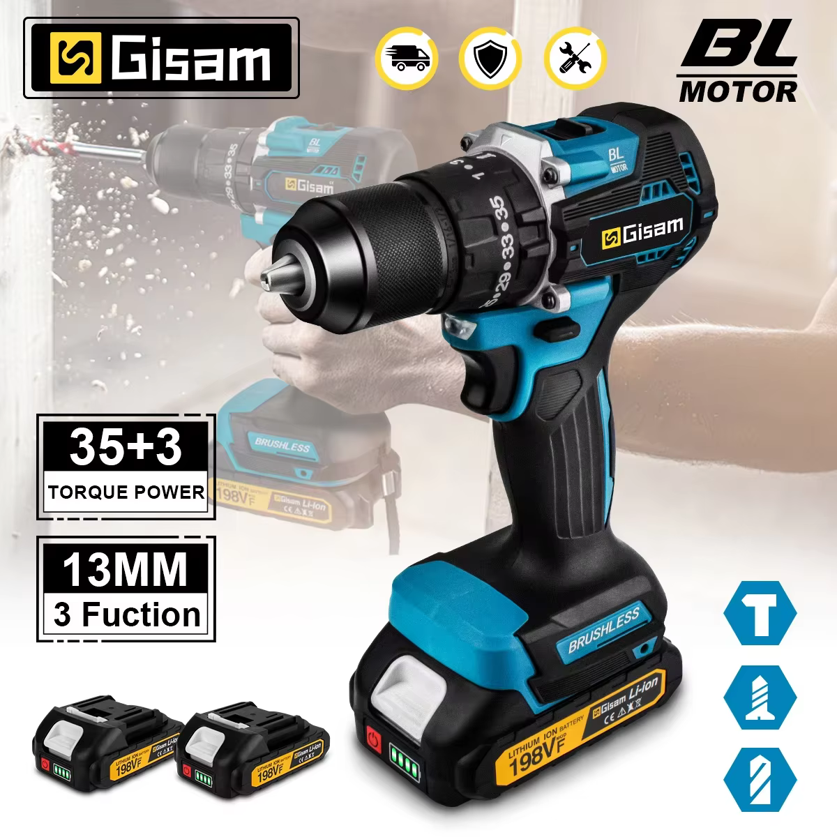 Gami 65N.m 13MM 35 + 3 couple perceuse à percussion électrique sans brosse tournevis électrique sans