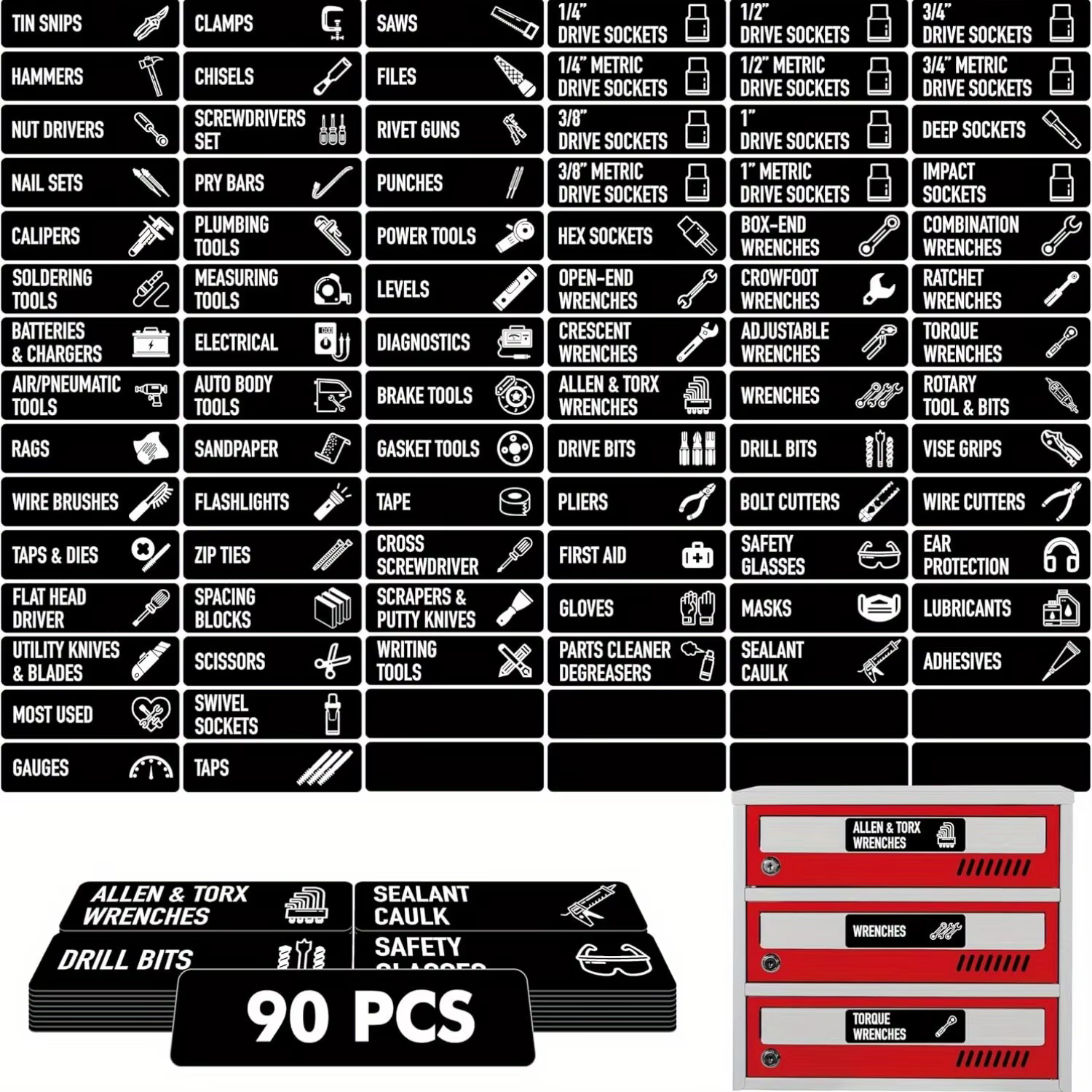 Étiquettes pour boîte à outils, 90 pièces, étiquettes pour organisateur de coffre à outils, adaptées