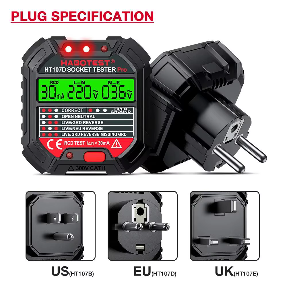 HABOTEST HT107 Pro testeur de prise Test de tension détecteur de prise ue terre zéro ligne prise pol