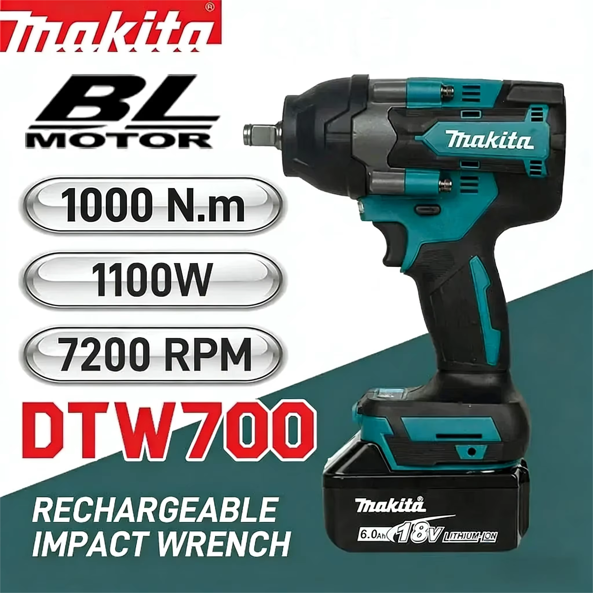 Clé à chocs électrique sans fil Makita Brushless DTW700 1/2 pouce 18V compatible avec les batteries,