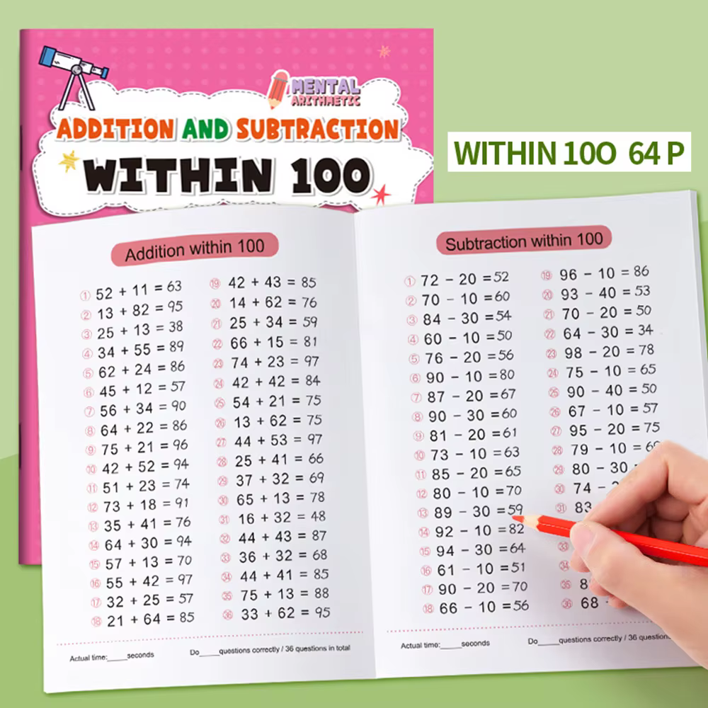 1 livre d'exercices d'arithmétique d'addition et de soustraction pour enfants, calcul rapide, format