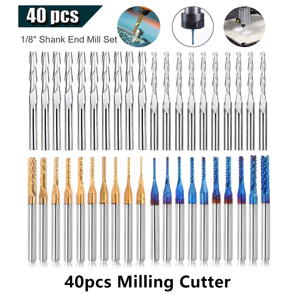 Twotrees fraise en bout jeu d'embouts de gravure Nano bleu enduit CNC routeur Bits coupe fraise 1/8