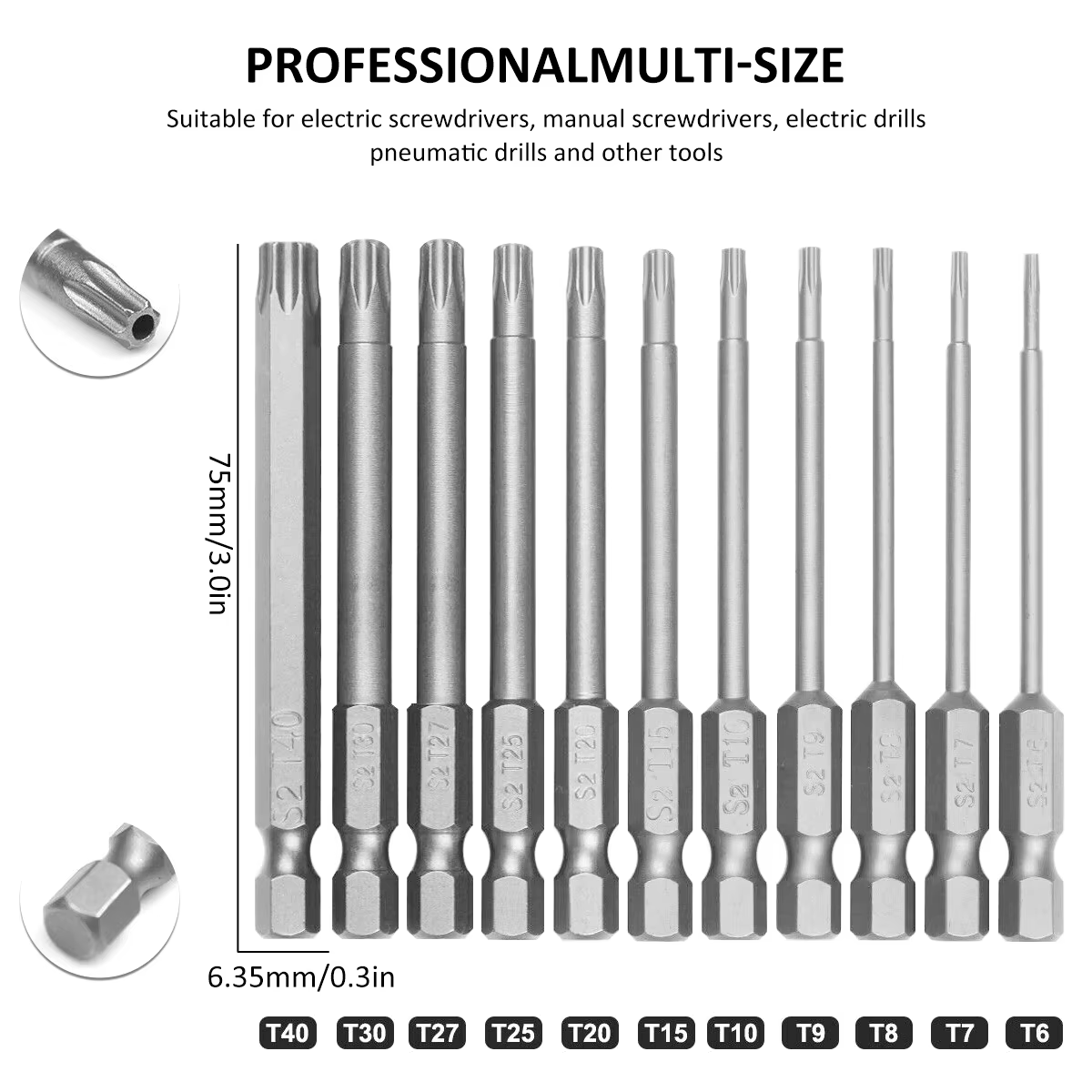 Jeu d'embouts de tournevis Torx 1/4 pouces, étoile magnétique professionnelle S2, tige hexagonale en