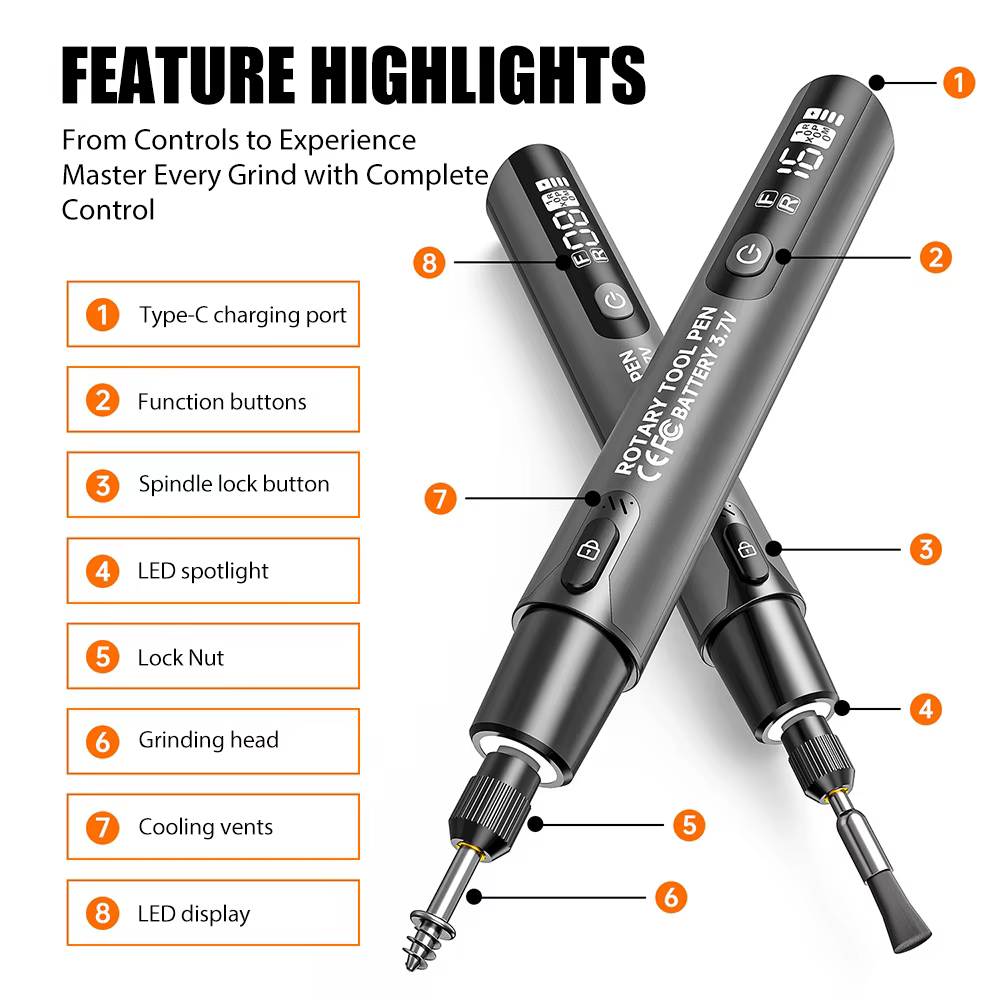 Mini perceuse électrique numérique 16000 tr/min, outil rotatif sans fil avec lumière LED, stylo de g