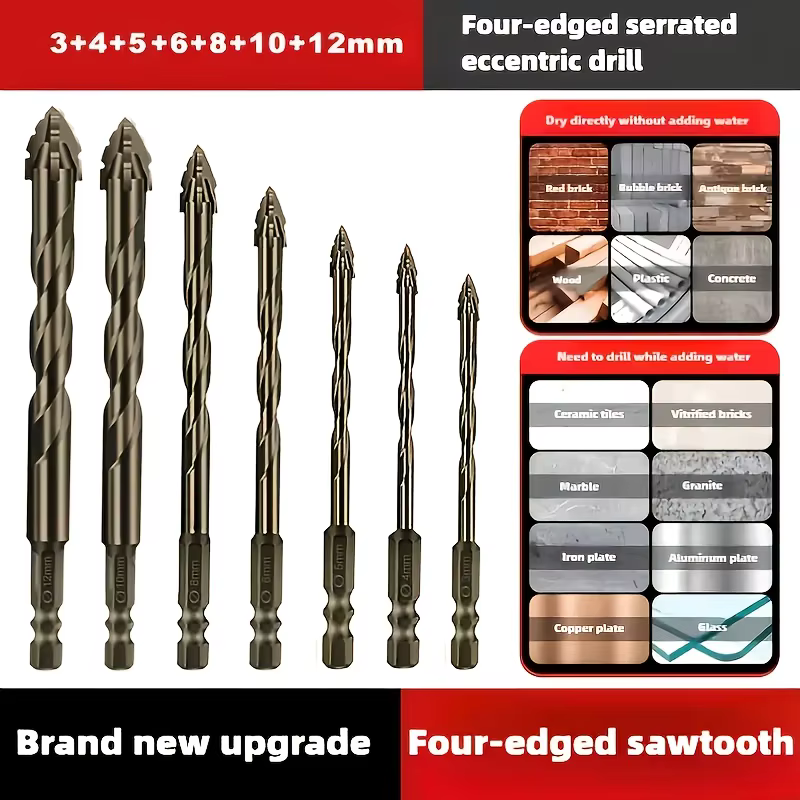 Lot de 7 forets à quatre lames en carbure dentelé pour perçage à sec de carreaux de porcelaine, céra