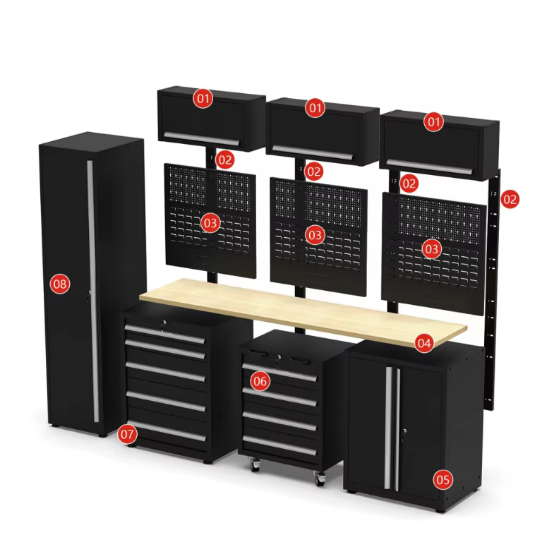 Armoire à outils avec plan de travail intégré en acier inoxydable et crochets latéraux, équipée d'un