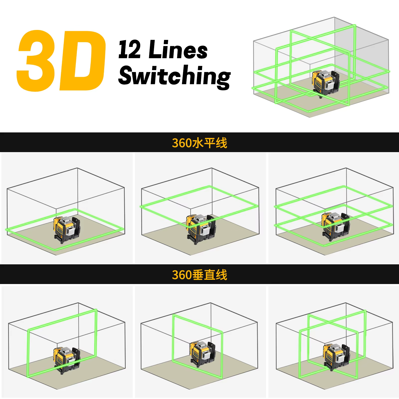 DEWALT nouveau niveau Laser vert à batterie au Lithium DW089LG 12V |   12 lignes 3 côtés 360 °   Hor