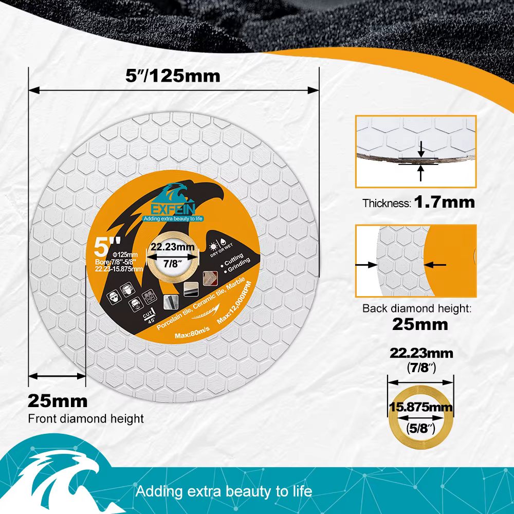 Disque de coupe diamanté EXFEIN 125 mm double face pour carrelage céramique et porcelaine, lame de s
