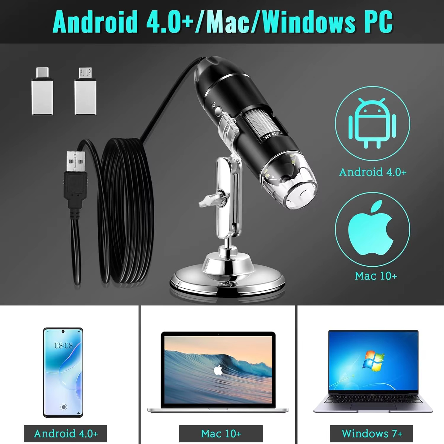 Microscope à souder Hayve 1600X USB 1080P HD avec 8 LED compatible avec Android, Mac, Windows (X4)