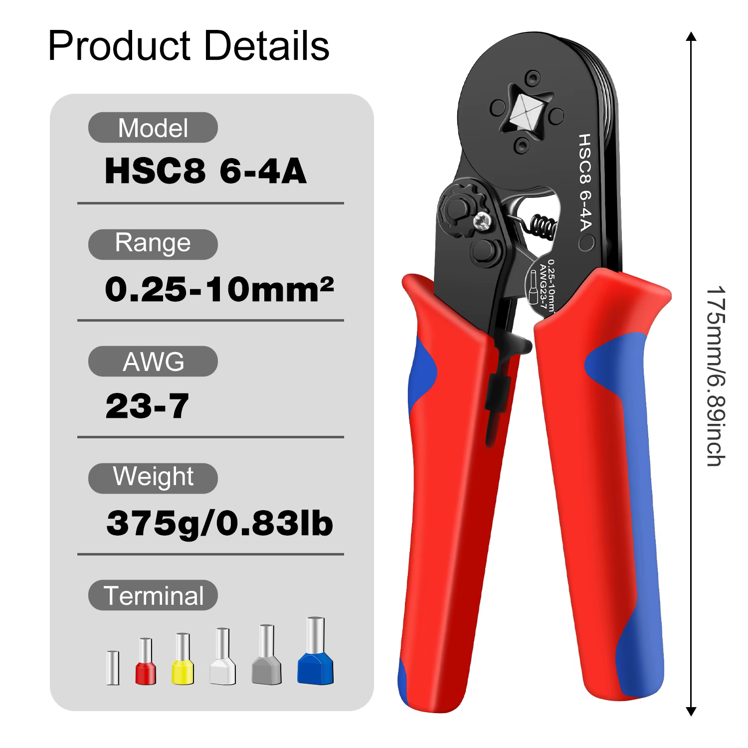 Outil de sertissage HSC8 6-4A 0,25-10 mm pour cosses tubulaires ² 23-7AWG Ensemble de pinces de sert