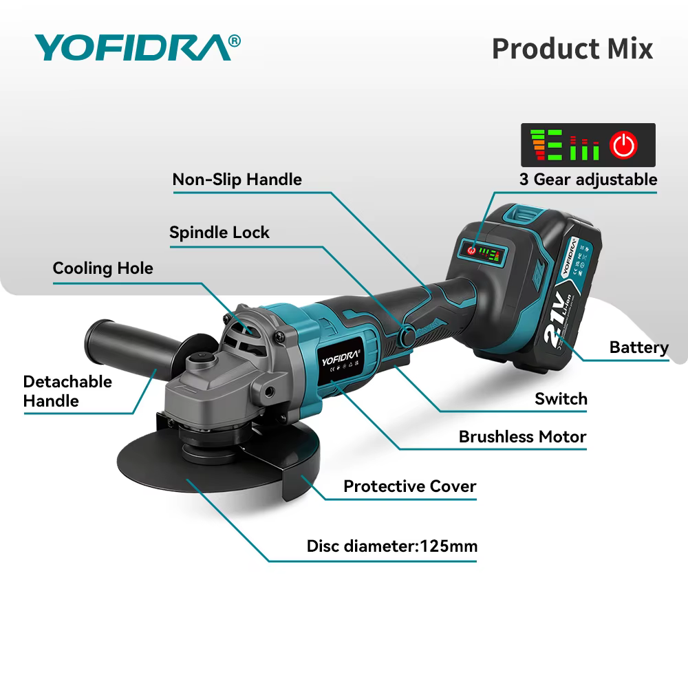 YOFIDRA 125mm M14 meuleuse d'angle sans brosse Machine de découpe meuleuse d'angle électrique sans f