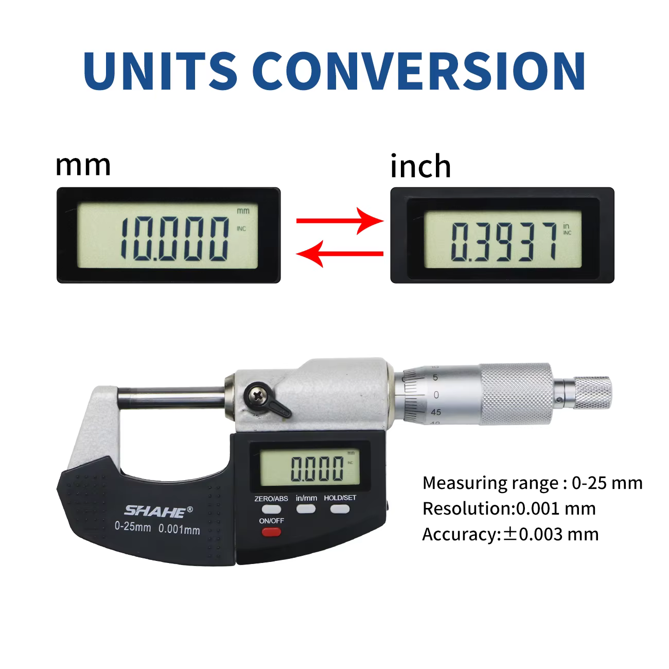 Micromètre numérique SHAHE 0.001mm 0-25mm micromètre extérieur électronique avec ligne d'échelle mic