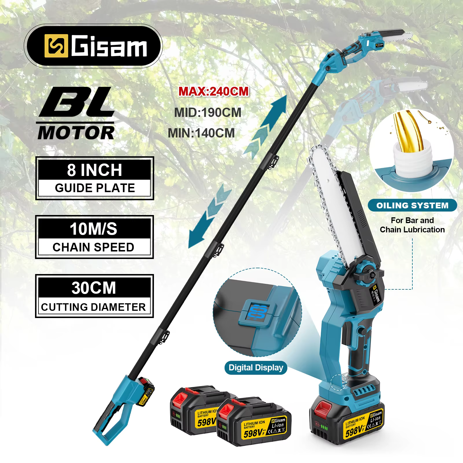 Gami – tronçonneuse électrique à poteau télescopique sans balais, scie à bras élevé sans fil 2 en 1,