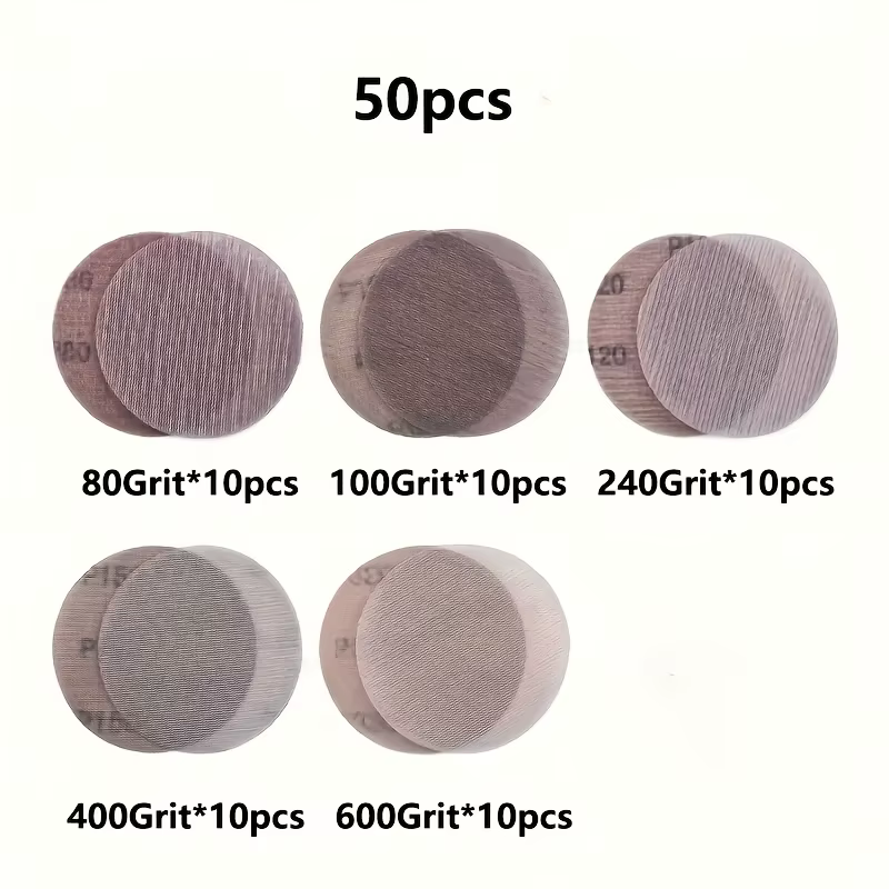 50 disques de ponçage en maille de 5 pouces, grains assortis 80 100 240 400 600, tampons de ponçage 