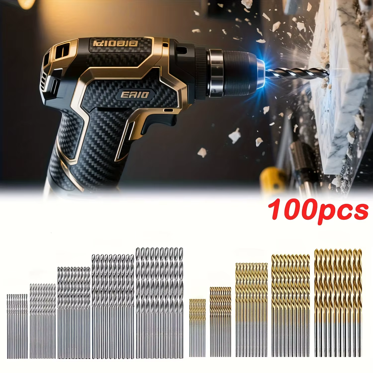 Ensemble de 100 forets HSS revêtus de titane |   Tige droite |   Pour le bricolage/le travail du boi