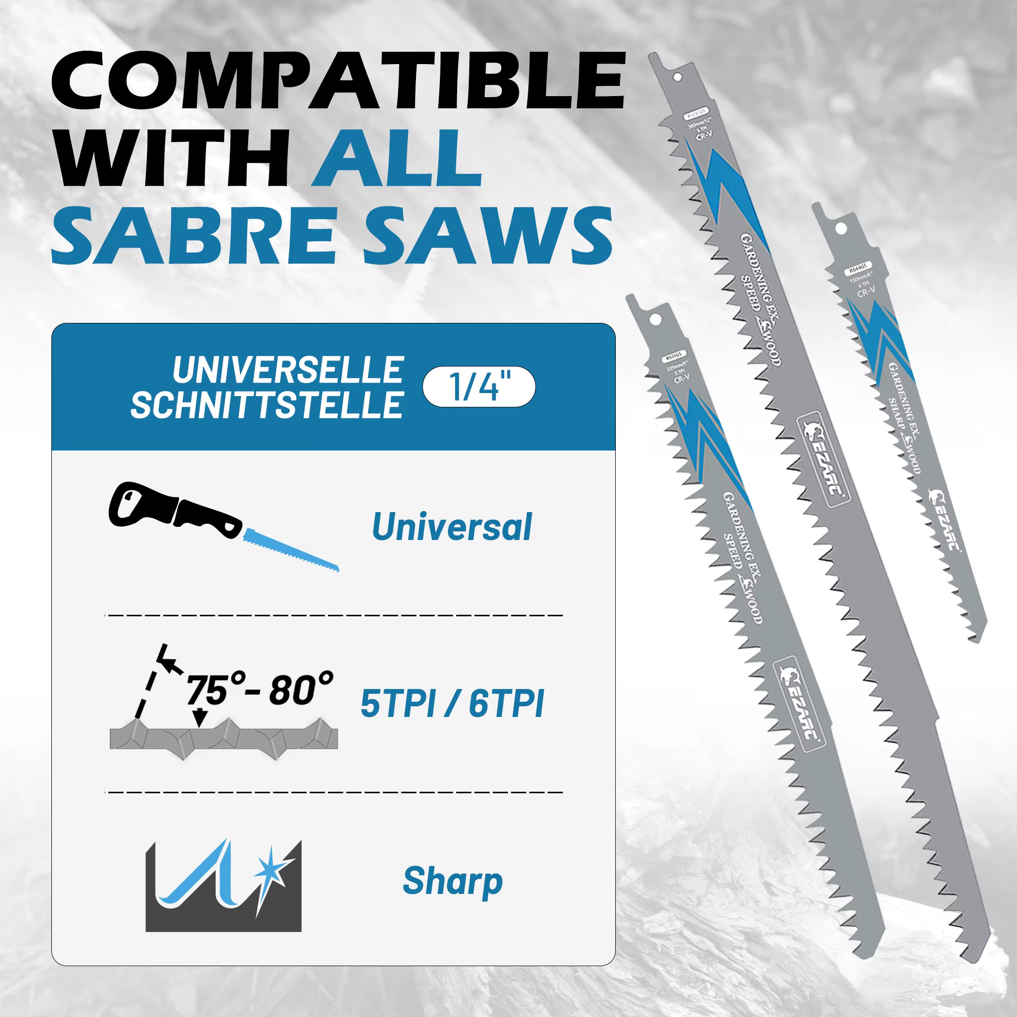 EZARC Lot de 5 lames de scie sabre pour élagage du bois 150/225/300mm, dents affûtées, CRV, longue d