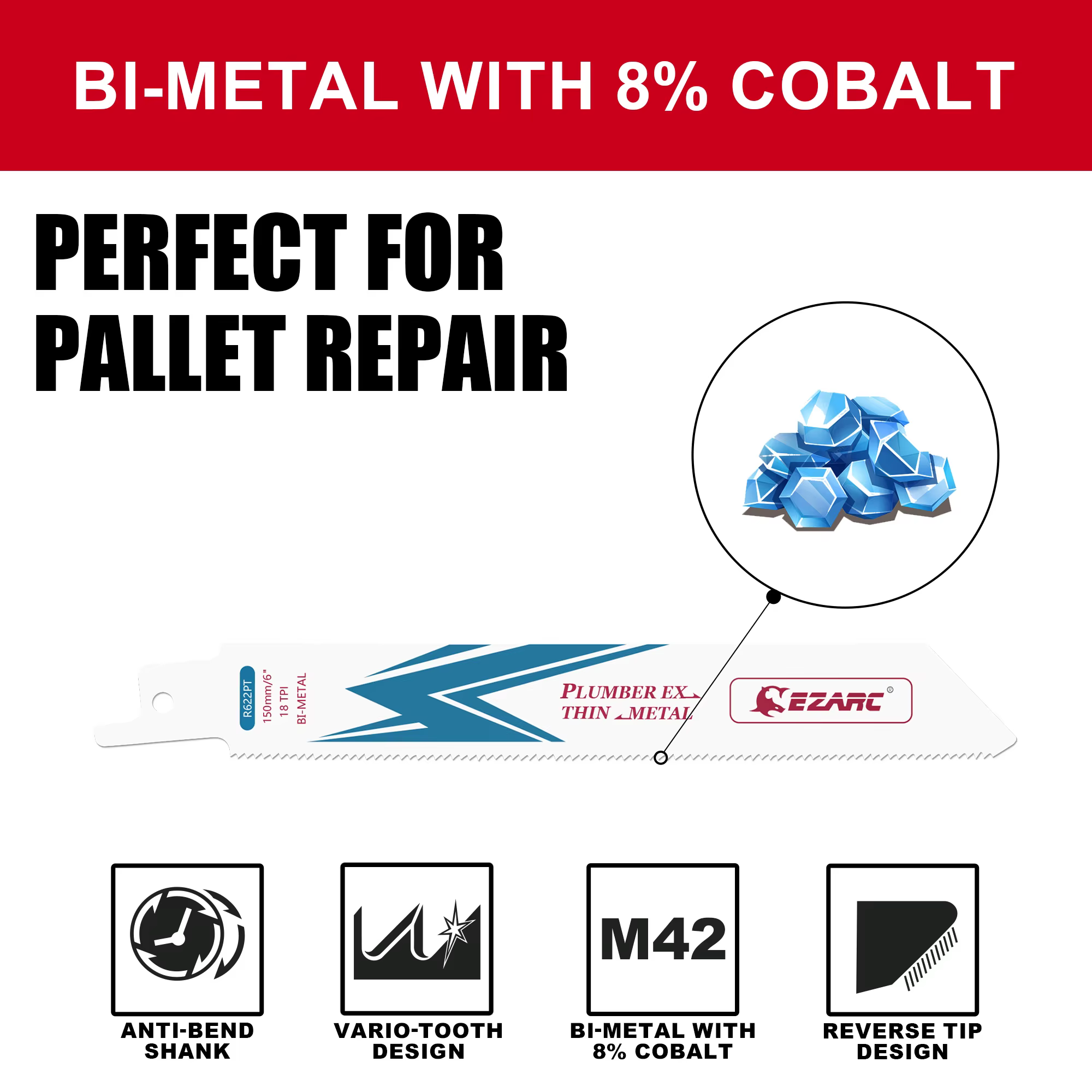 Lame de scie sabre bi-métal au cobalt EZARC de 6 pouces pour la coupe de métaux fins à moyens, 150 m