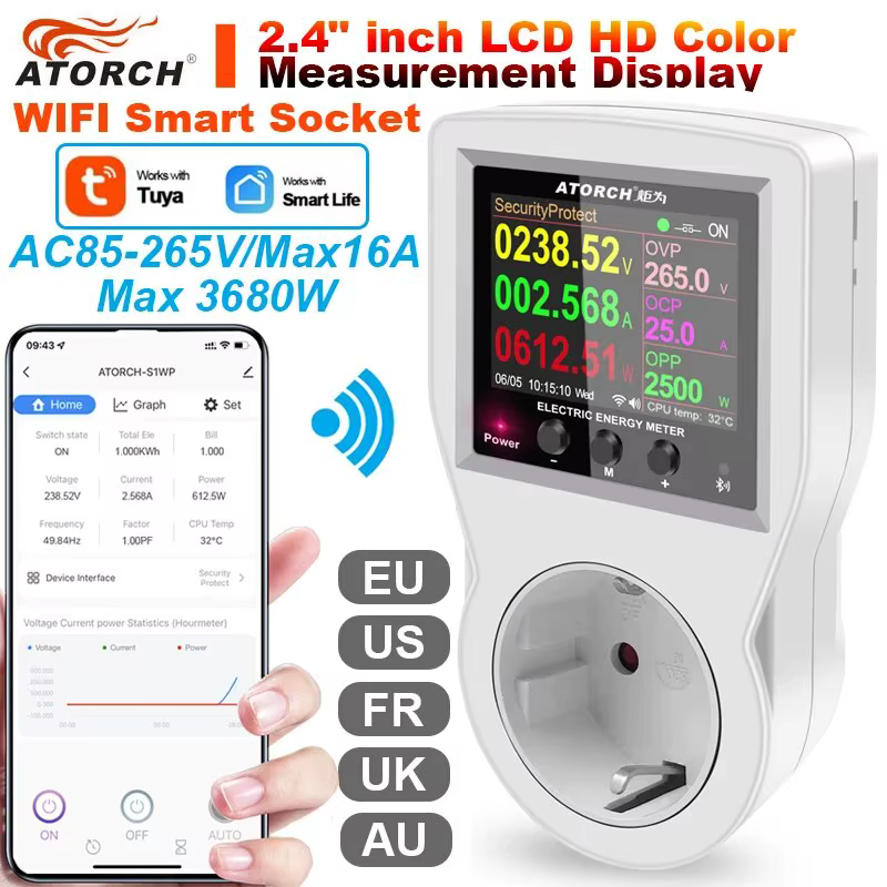 AC85-265V 16A Tuya WIFI prise intelligente wattmètre numérique consommation d'électricité puissance 