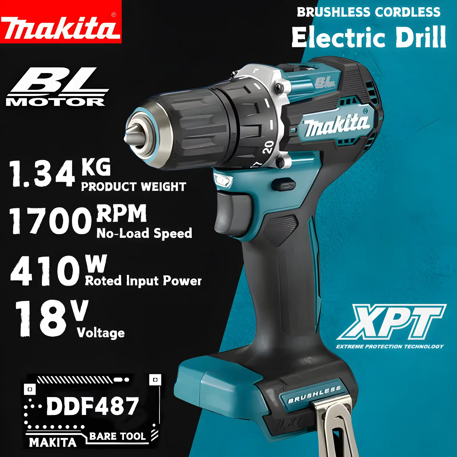 Makita DDF487 18V perceuse sans fil, tournevis à percussion, Kit d'outils électriques rechargeables 