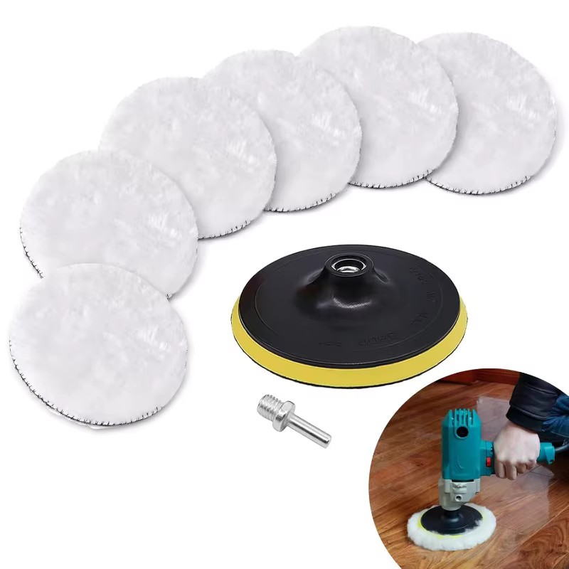 Lot de 8 tampons de polissage professionnels en laine pour voiture avec adaptateur de perceuse M10 (