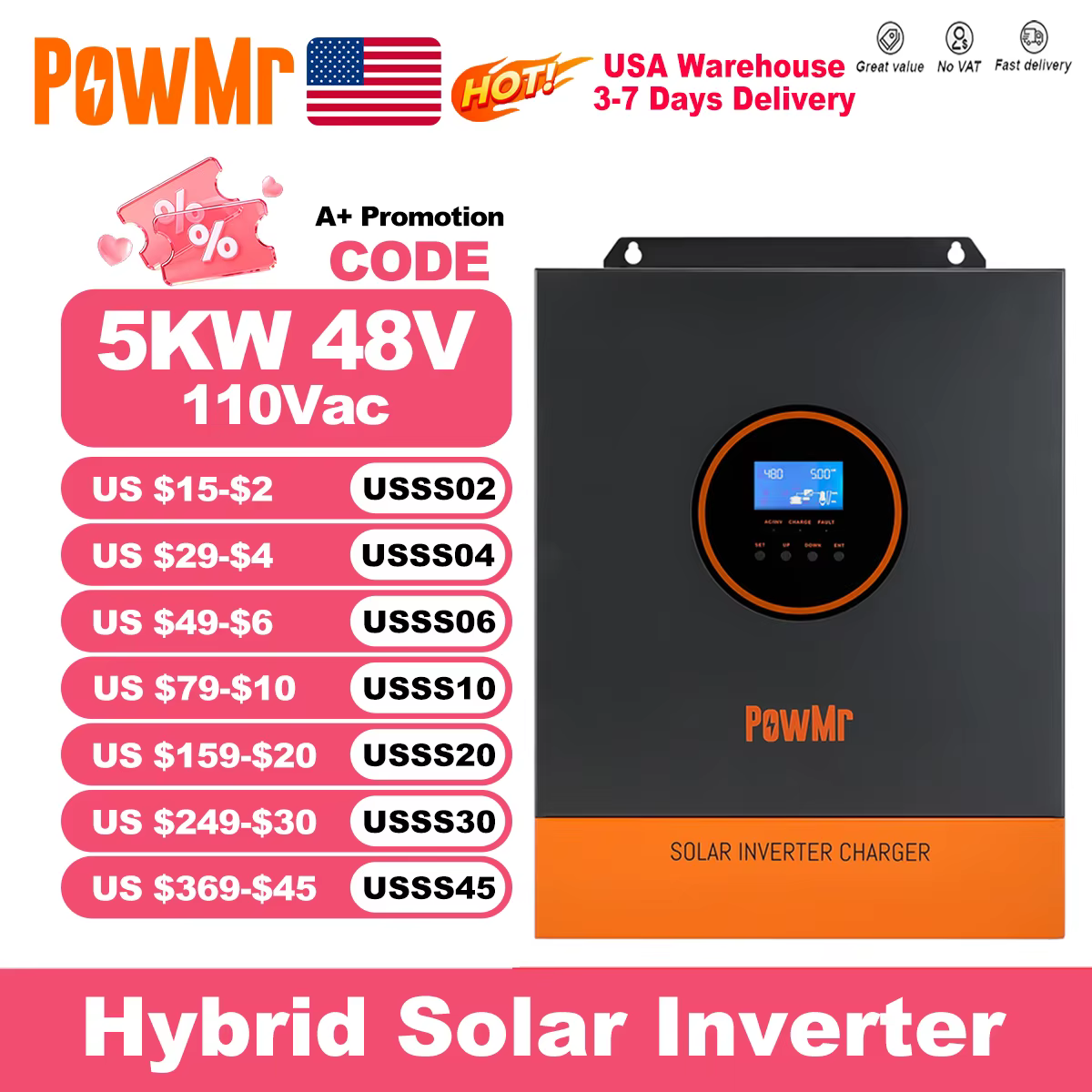 PowMr 5000W 48V 110/120VAC sortie MPPT onduleur solaire hybride PV 500VDC avec contrôleur de chargeu