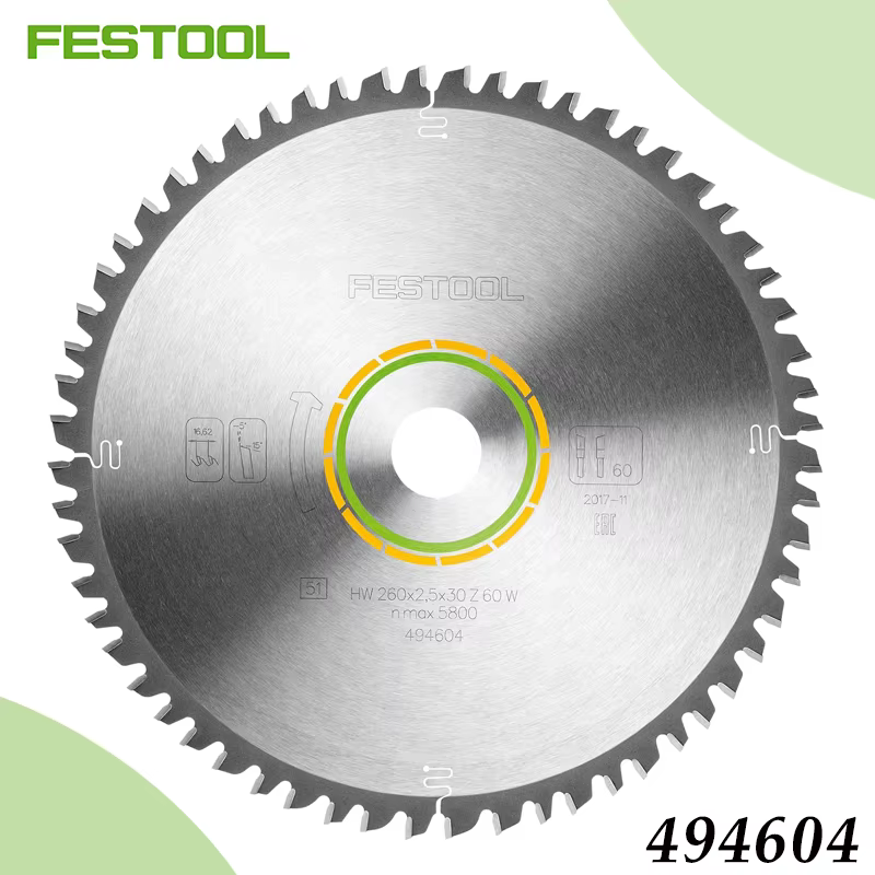 Lame de scie circulaire FESTOOL 494604 260 mm 60T TCT pour la coupe du bois, compatible avec la scie