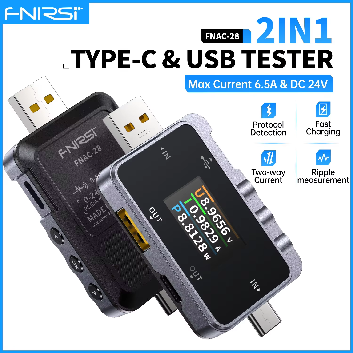FNIRSI FNAC-28 testeur USB type-c 2-en-1 voltmètre numérique ampèremètre ampèremètre tension compteu