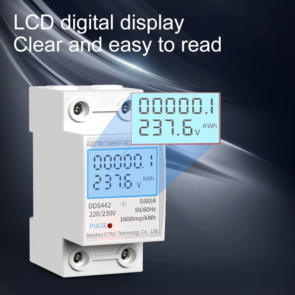 Compteur d'énergie électrique GTRIC 2P monophasé LCD affichage numérique montage sur Rail DIN compte