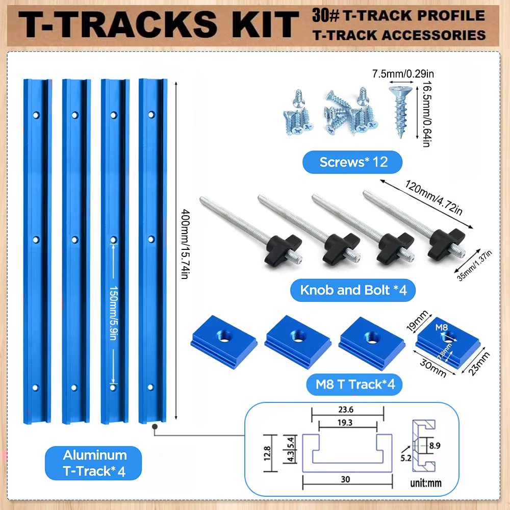 Travail du bois 30 #   Kit de piste en T avec accessoires, pistes en T en aluminium, fente à onglet 