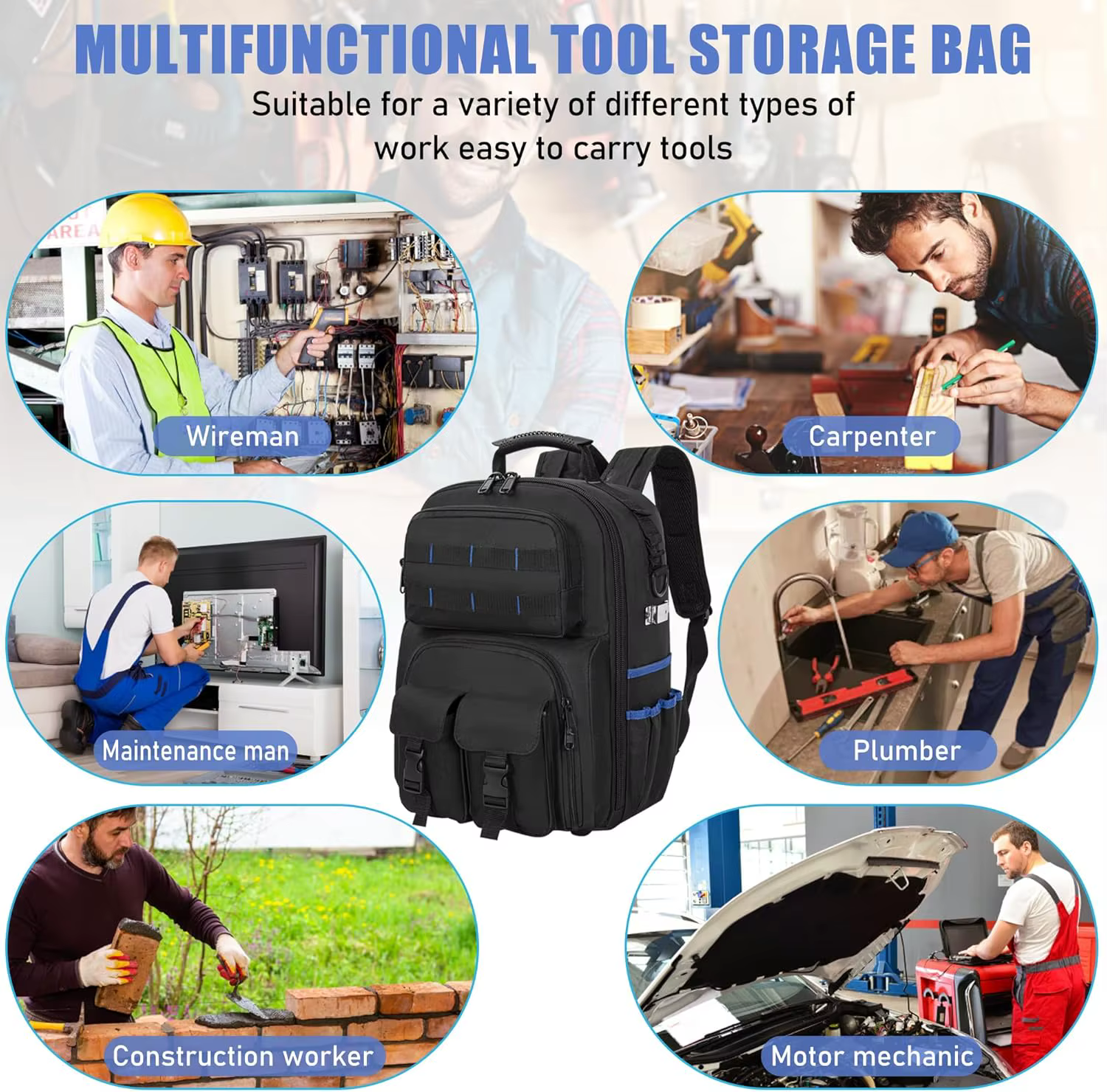 Sac à dos à outils, sac à outils robuste avec épaule rembourrée et organisateur d'outils amovible, s