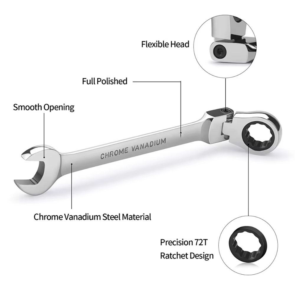 Clé à cliquet monobloc 72 dents à tête flexible finition miroir