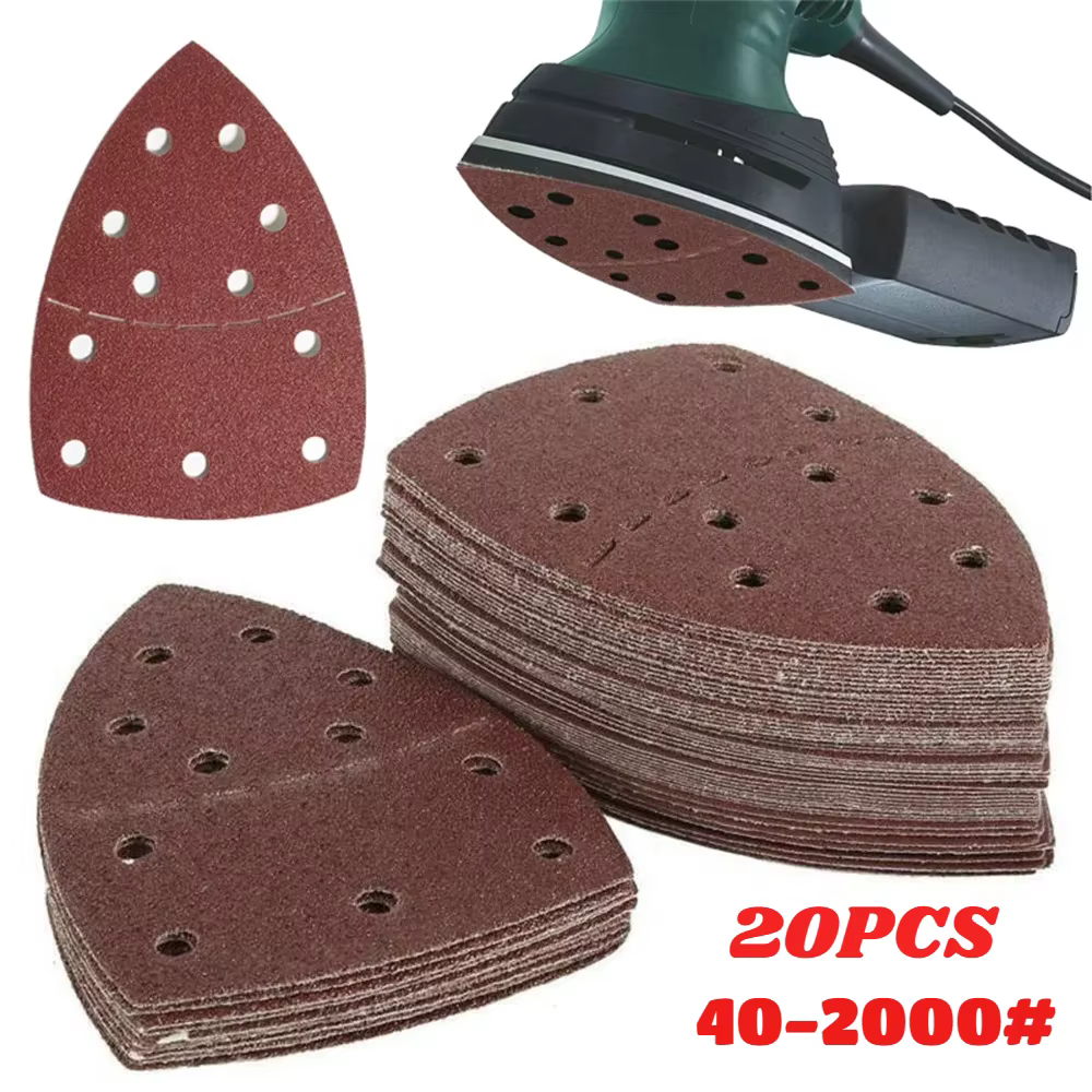 Feuilles de ponçage triangulaires pour souris, 20 pièces, 11 trous, papier abrasif pour ponceuse orb