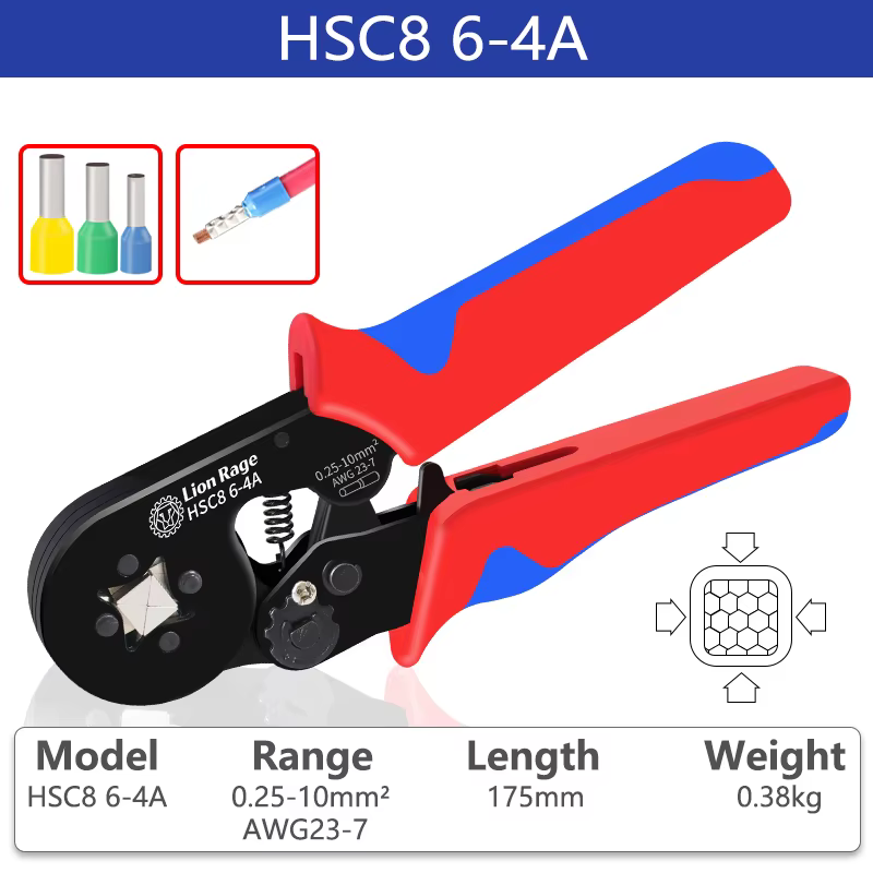 Outil de sertissage HSC8 6-4 0.25-10mm pour bornes tubulaires de virole 2 23-7AWG jeu de pinces à se