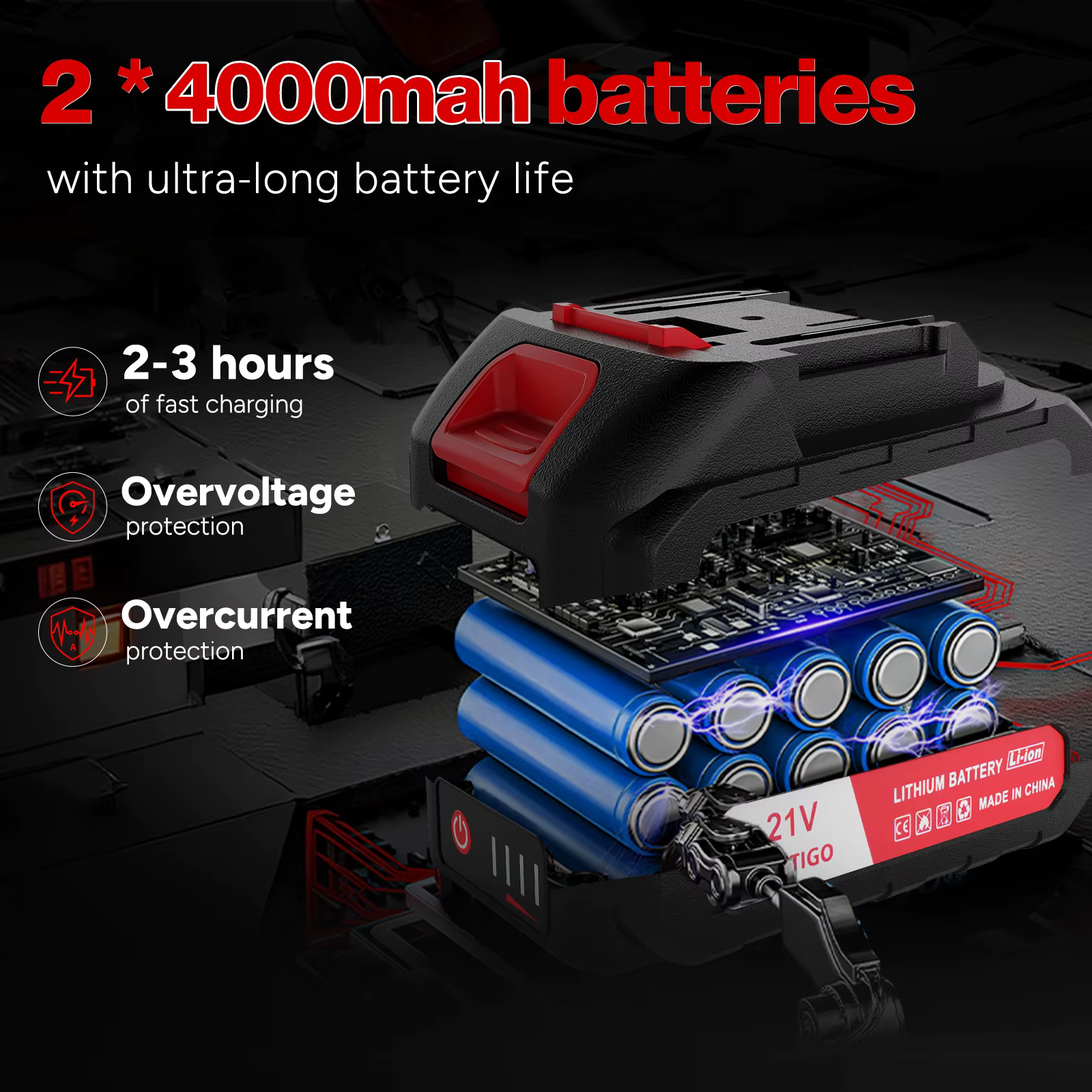 OUTIGO Tronçonneuse à batterie, Tronçonneuse 8 pouces,  2*4000mah, MINI Tronçonneuse sans fil, 4 cha
