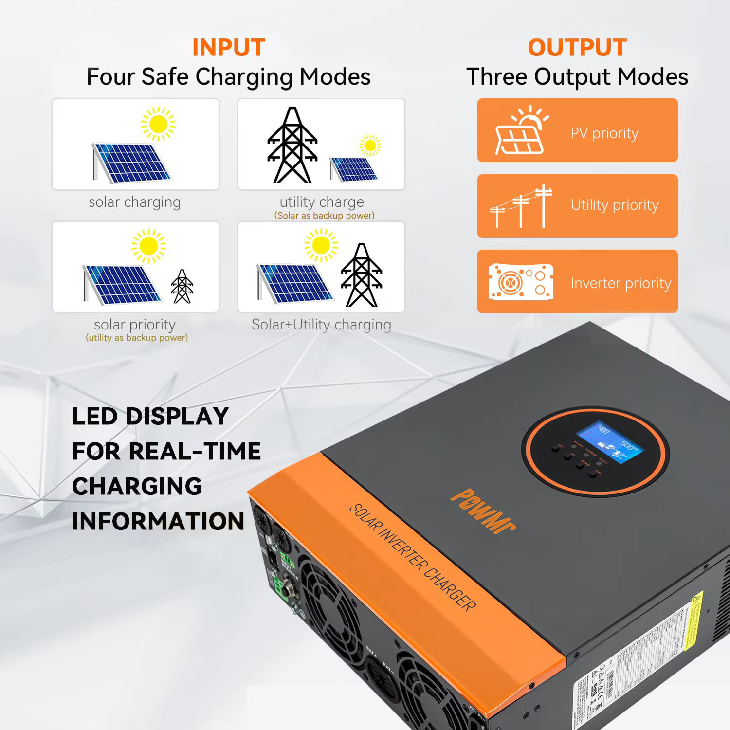 PowMr 5000W 48V 110/120VAC sortie MPPT onduleur solaire hybride PV 500VDC avec contrôleur de chargeu