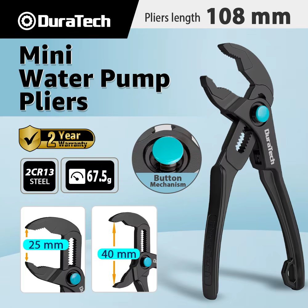 Pince à eau DURATECH Mini 4 pouces à joint rainuré, réglage rapide 15 positions, mâchoire en V à ver