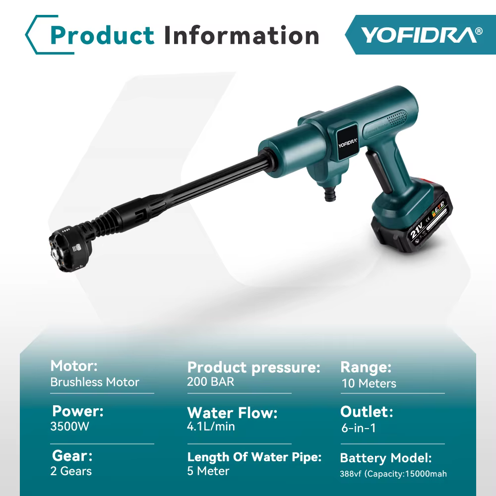Pistolet de lavage haute pression sans balais YOFIDRA 200 bars, lave-auto électrique, pistolet d'arr