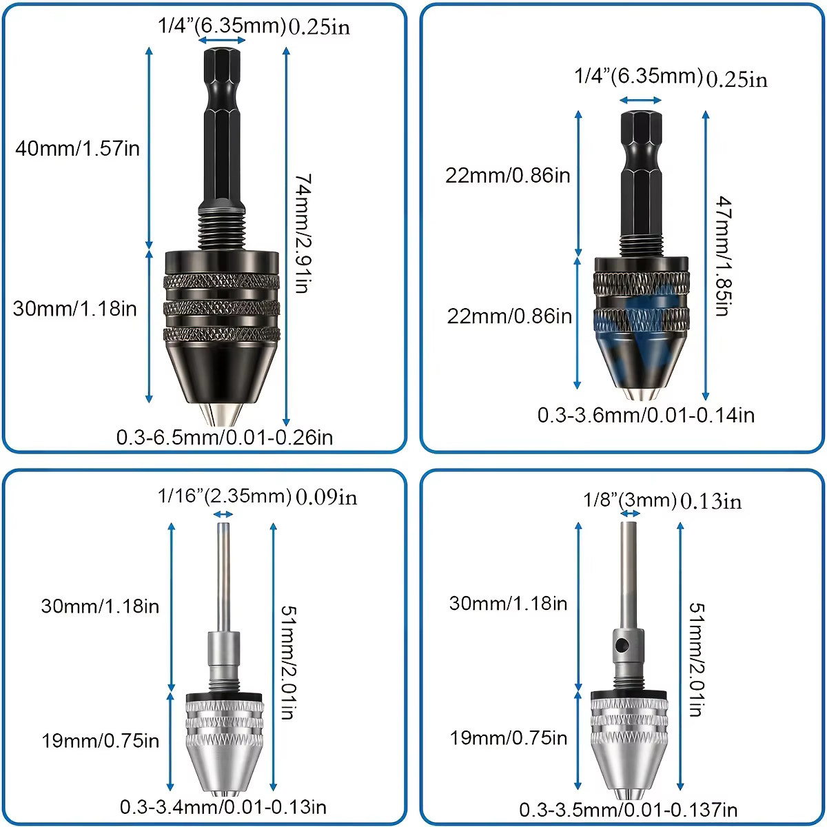 Mandrin de perçage sans clé, 1/4, 1/8, 1/16 pouces, tiges hexagonales et rondes, petit adaptateur de