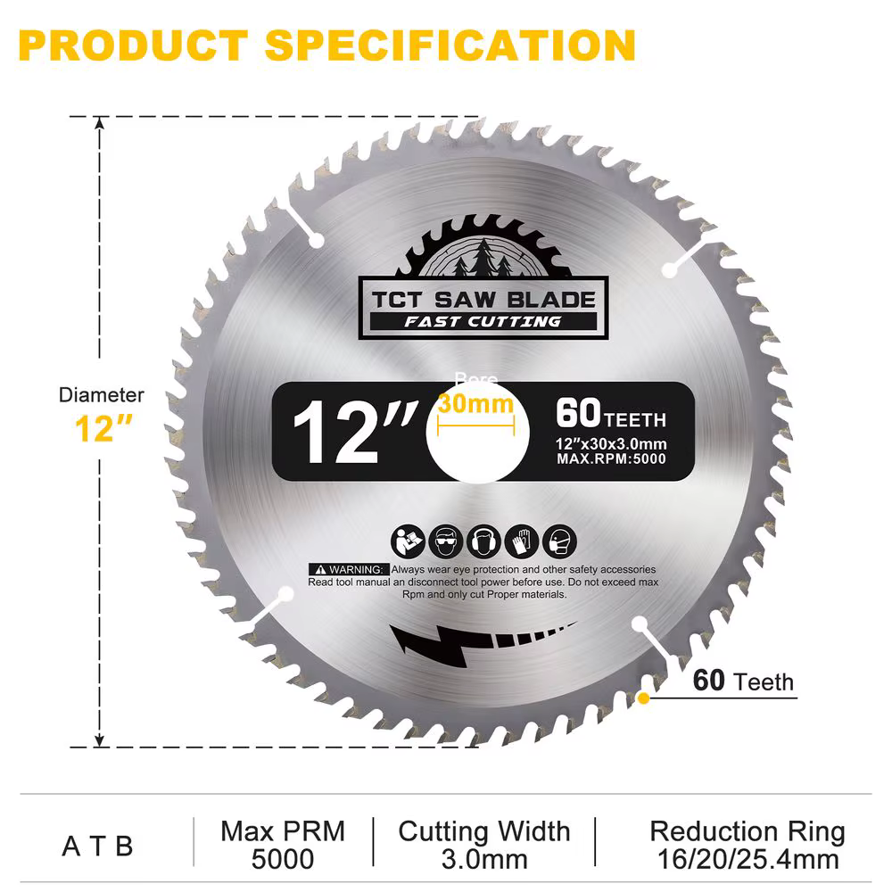 CMCP 1 pièce 12 ''300mm lame de scie circulaire en carbure 60 dents TCT disque de coupe du bois alés