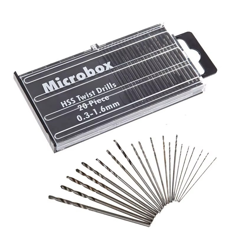 20 pièces/ensemble 0.3mm-1.6mm Mini jeu de forets hélicoïdaux en acier rapide ensemble de forets Mic